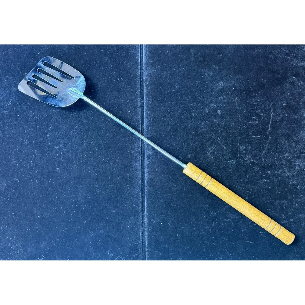 Vintage Foley USA Slotted Spatula Chrome Plated Wood Handle Long Turner BBQ